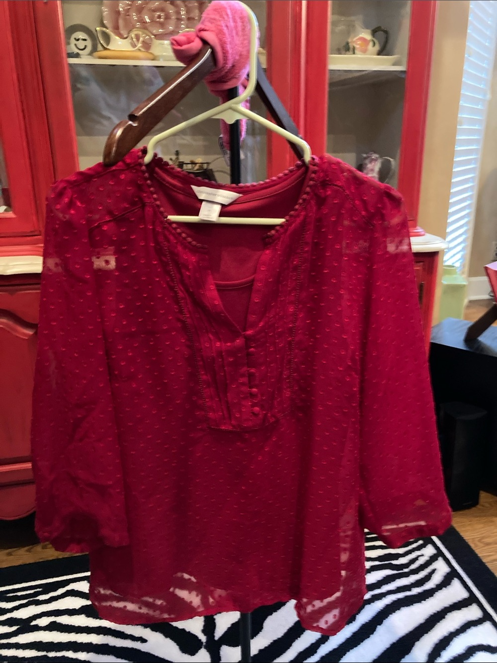 Christopher & Banks Red Swiss Dot Peasant Blouse